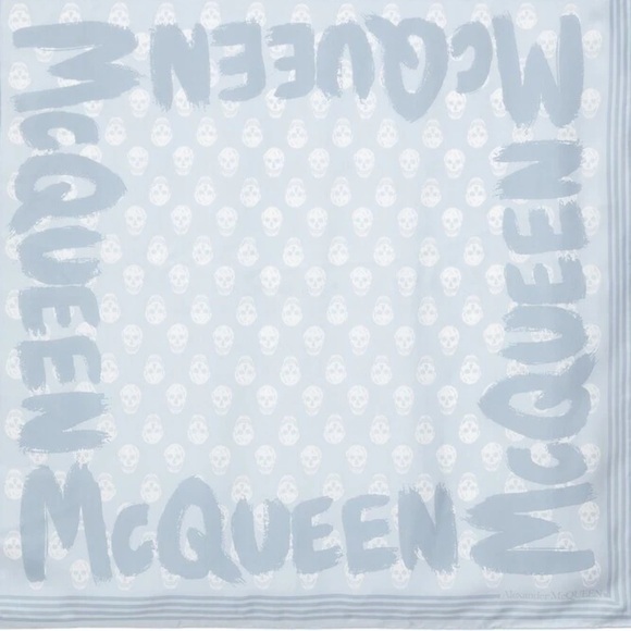 Alexander McQueen Graffiti Logo Skull Print Silk Biker Scarf Sky Blue NEW - Picture 1 of 8